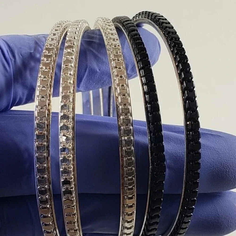 Set of 5 Silver-tone & Black Dainty Bangle Bracelets - Women's Fashion Jewelry